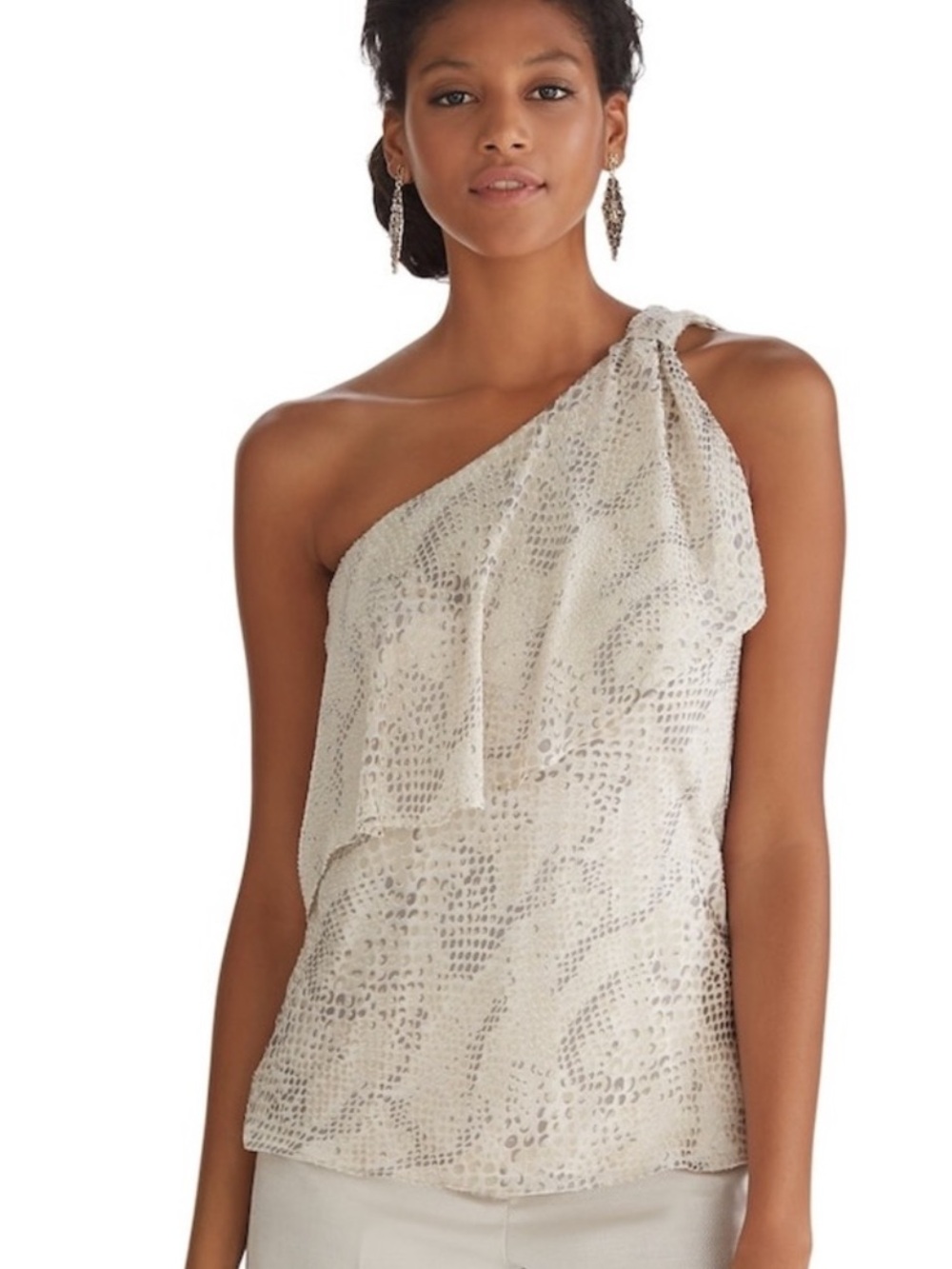WHBM One Shoulder Ruffle Neutral Tan Silk Reptile Burnout Top Size 2 EUC $89